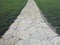 Paved stone brick walkway through green grass