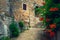 Paved street with stone house and flowers, Omis, Dalmatia, Croatia