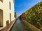 Paved yellow brick road in perspective leading to the sea on the background of blue sky