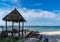 Pavilion made form leaf in vintage and island style settle on the beach with the sea, open sky background, Munnok Island, Thailand