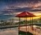 Pavilion on the pond at sunset