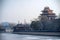 Pavilion and Watchtower by the moat, water became frozen at the Forbidden City in winter, Beijing, China