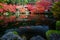 Pavilion and Wooded bridge in Daigoji temple with autumn background