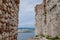 Pavlov, South Moravia, Czech Republic, 05 July 2021:  ruins of medieval stone Devicky or Girls` castles, St. Jacob`s Way, sunny