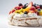 pavlova cake with fresh berry topping and layers of whipped cream and meringue isolated on white background.Ai generative