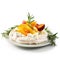 Pavlova cake with peaches and rosemary