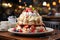 Pavlova cake on table in bakery background , photo realistic, AI generated