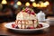 Pavlova cake on table in bakery background , photo realistic, AI generated