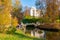 Pavlovsk palace and Centaur bridge in fall in Pavlovsky park, Pavlovsk, Saint Petersburg, Russia