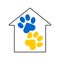 Paw of a cat or dog in the outline of a house. Animal care. Charity paw. Symbol of helping animals in shelters.