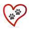 Paw pet inside of love heart logo vector icon.Paw prints pair