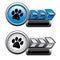 Paw print on blue and silver arrow nameplates