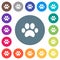 Paw prints flat white icons on round color backgrounds