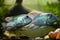 Pawning pair of nannacara, active and healthy freshwater adult cichlid fish, Acara artificial breed in natural design planted aqua