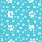 Paws background, paw turquoise pattern, vector illustration