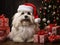 Paws and Presents: Cute White Puppy in Santa Hat Surrounded by Gifts