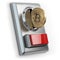 Pay by bitcoin concept. BItcoin coin and coin acceptor isolated