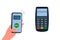 Payment by credit card using POS terminal and smartphone, approved payment. Wireless payment flat illustration