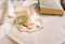 Payment lunch euro banknote coin on a white tablecloth surface