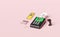 Payment machine,pos terminal, electronic bill payment with barcode ,mobile phone,smartphone,qr code scanning isolated on pink