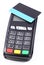 Payment terminal with contactless credit card on white background, cashless paying for shopping, finance concept