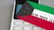 Payment terminal with credit card featuring flag of Kuwait. Kuwaiti national banking system conceptual 3D animation