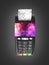 Payment touch concept POS terminal with chek and credit card on it isolated on black gradient background 3d render