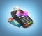 Payment touch concept POS terminal with receipt and credit card on it isolated on blue gradient background 3d render