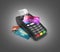 Payment touch concept POS terminal with receipt and credit card on it isolated on dark gradient background 3d render