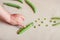 Pea pods, beans and child`s hand