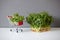 Pea shoots and shopping cart with arugula microgreen sprouts on white table on gray wall background