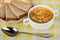 Pea soup bread in basket and spoon on napkin