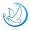 Peace dove logo icon with olive branch in peak.