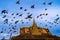 Peace Doves fly over the Royal Palace in Phnom Penh, Cambodia