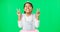 Peace, fun and hand gesture with a girl on a green screen background in studio feeling silly or carefree. Portrait