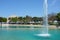 Peace Lake Fountain at Soka University with exhibit booths during the International Festival