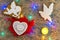 Peace and love. Angel, heart and white dove. Multicolored garland. Flat lay.