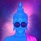 Peace and Love. Colorful Buddha in rainbow glasses listening to
