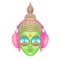 Peace and Love. Colorful Buddha in rainbow glasses listening to the music in headphones. Vector illustration. Hippie