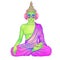 Peace and Love. Colorful Buddha in rainbow glasses listening to the music in headphones. Vector illustration. Hippie