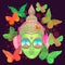 Peace and Love. Colorful Buddha in rainbow glasses listening to the music in headphones. Vector illustration. Hippie