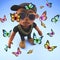 Peace loving black hiphop rapper surrounded by butterflies, 3d illustration