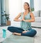 Peace meditation, exercise and woman praying for spiritual wellness on the living room floor of her house. Person