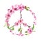 Peace sign with cherry blossom pink flowers, spring sakura branches. Pacificist watercolor drawin, antiwar symbol