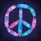 Peace sign made of colored bird feathers. Hippie symbol. Sixties