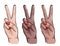 Peace sign nails hands art. Two fingers sign. Black women , latina and white women hand gesture,  red nail polish sketch,  beauty