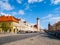 Peace Square with White Tower of Domazlice on sunny day, Czech Republic