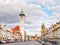 Peace Square with White Tower of Domazlice on sunny day, Czech Republic