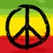 Peace symbol and rastafarian colors in background,