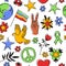 Peace symbols seamless pattern. 60s hippie psychedelic wallpaper, repeat love, freedom and ecological elements, stop war